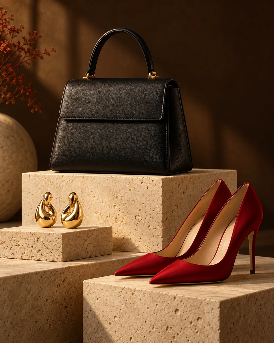 Red pointed heels beside a black handbag and gold earrings