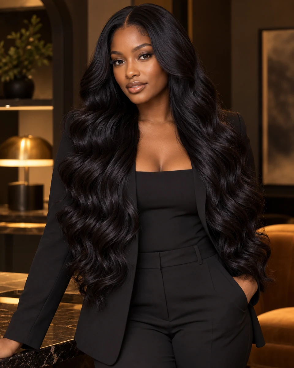 Model showing long glossy black wavy hair