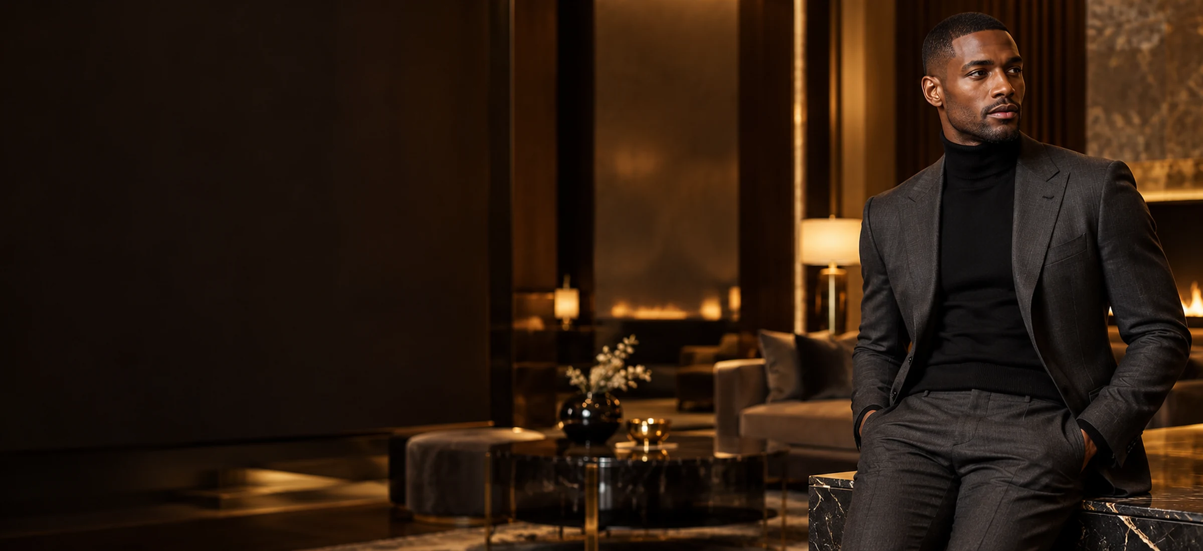 Man in a charcoal suit in a warm luxury interior
