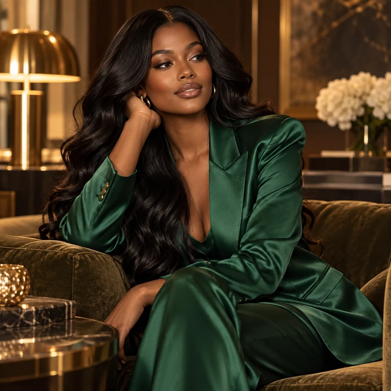 Woman with glossy hair wearing an emerald blazer